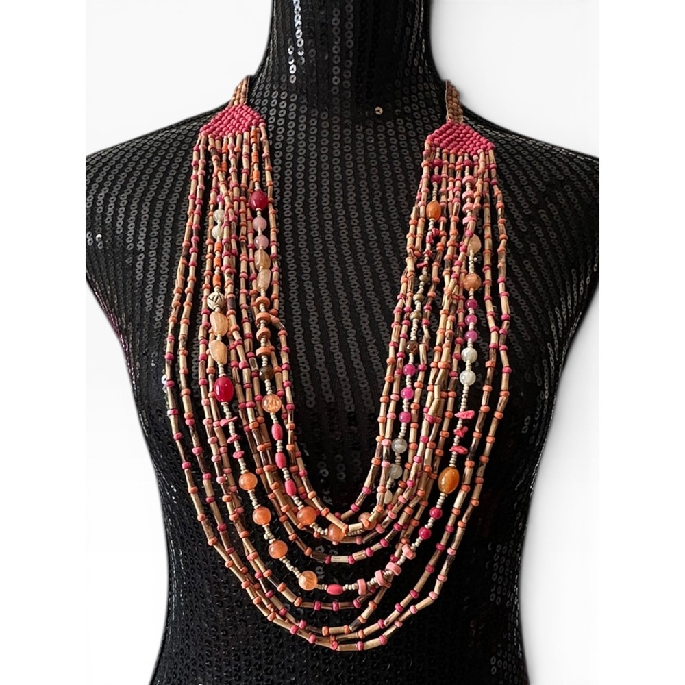 Chico's Maya‎ Necklace Pink Tones Multi Layer Wood Bead NWT Statement Boho
